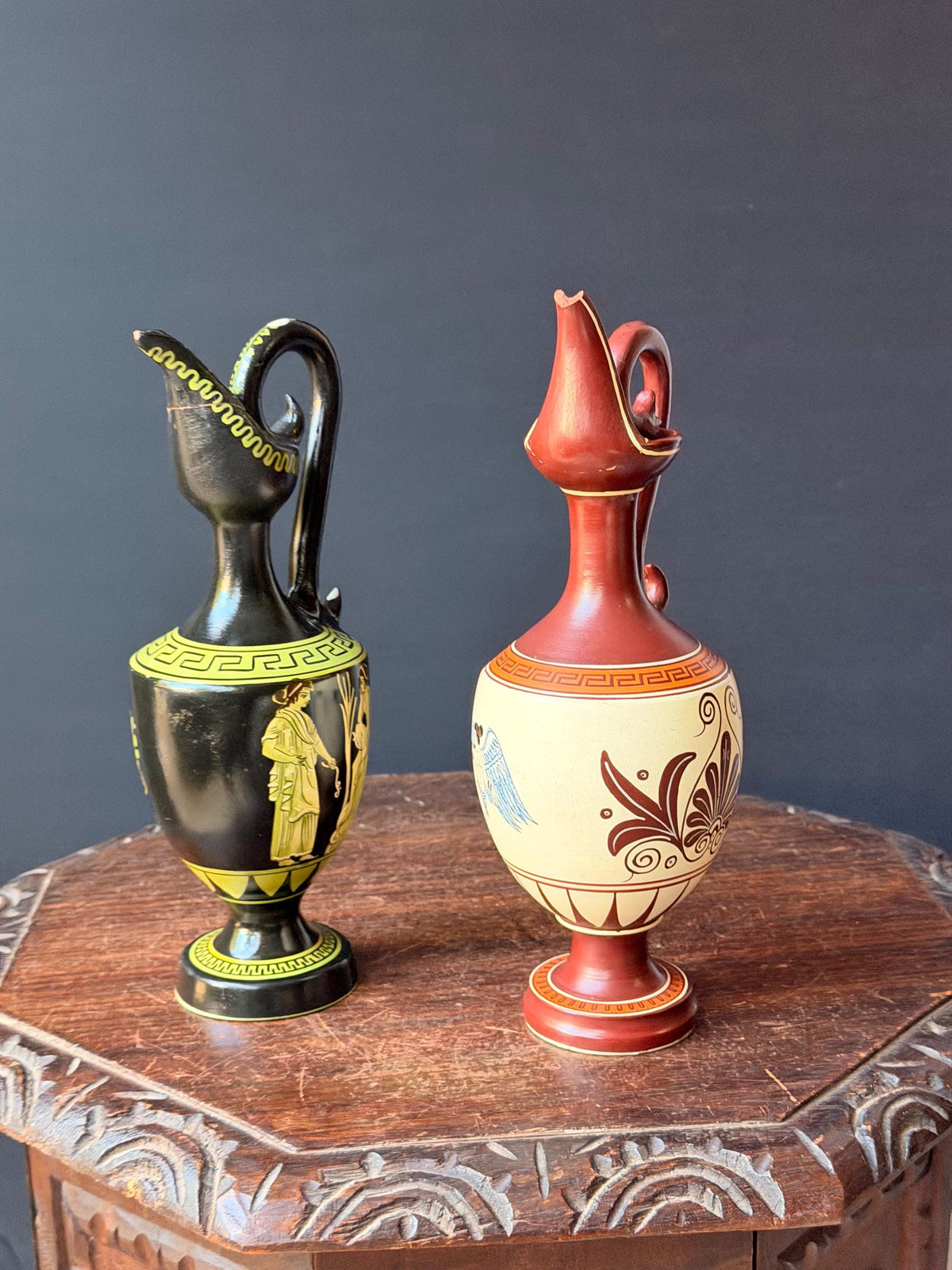 Vintage Greek Hand Painted Pottery Oinochoe Pitcher Set Spyropoulos 11"