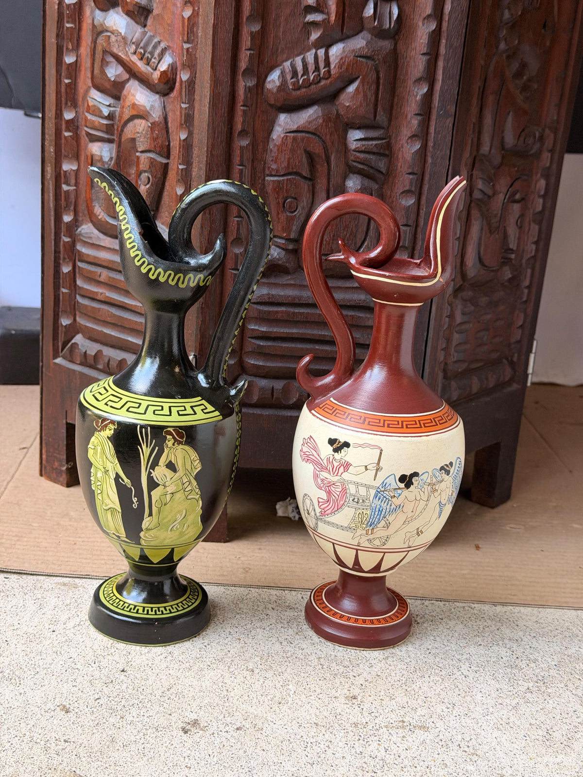 Vintage Greek Hand Painted Pottery Oinochoe Pitcher Set Spyropoulos 11"