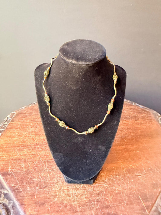 Vintage Brass Filigree Bead Necklace Wavy Bar Amber Glass Crystal Choker 16"