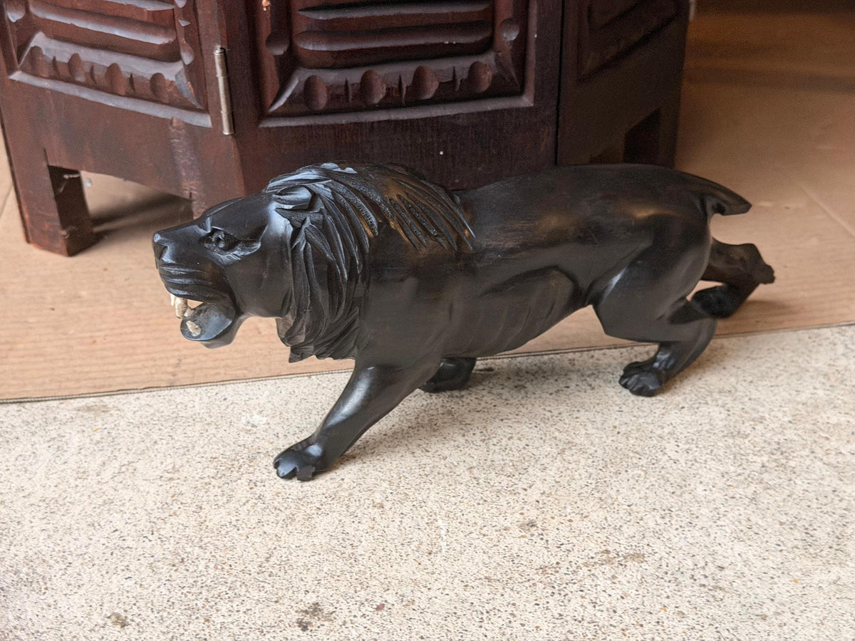 Hand Carved Hardwood Lion Statue Prowling Roaring African Folk Art Carving 12"