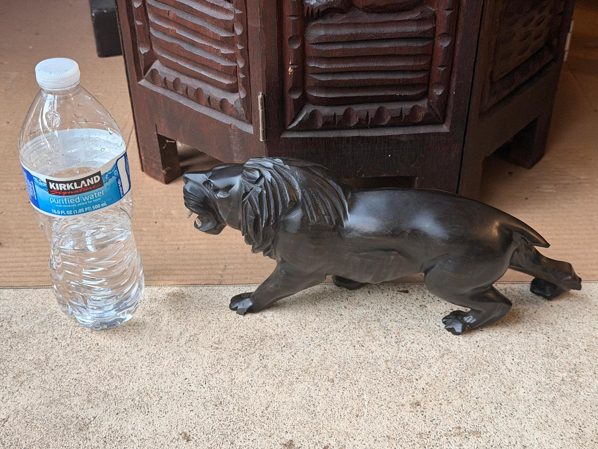 Hand Carved Hardwood Lion Statue Prowling Roaring African Folk Art Carving 12"