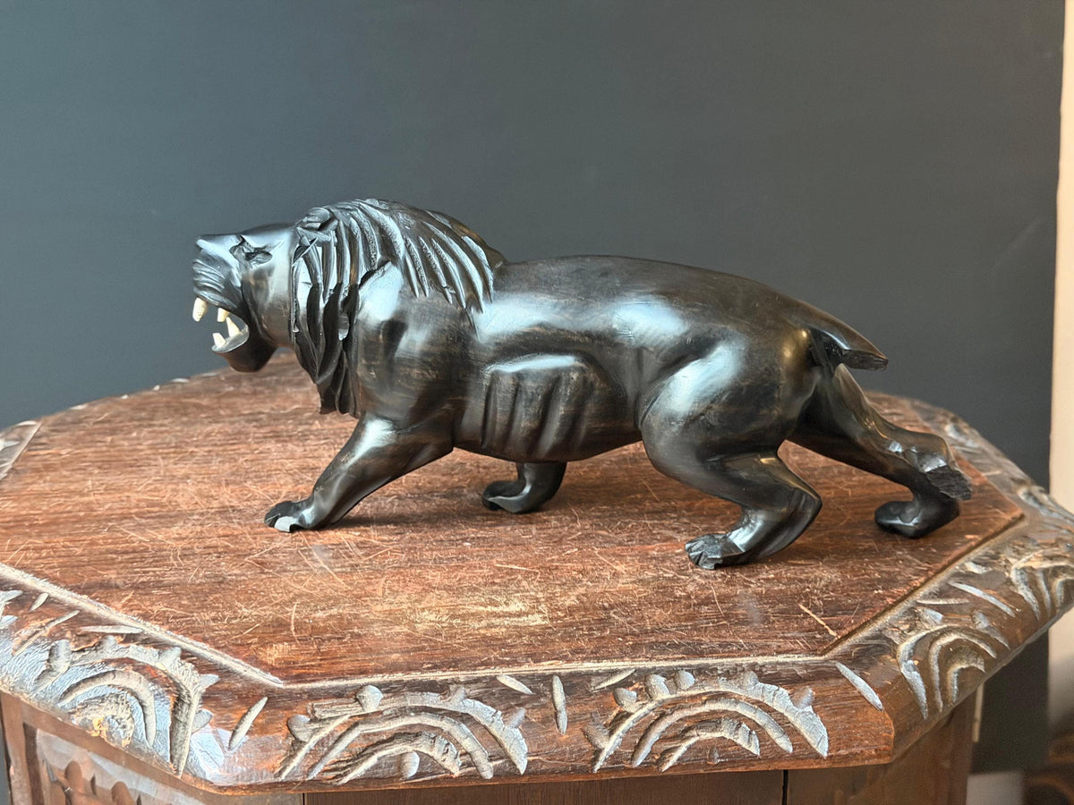Hand Carved Hardwood Lion Statue Prowling Roaring African Folk Art Carving 12"