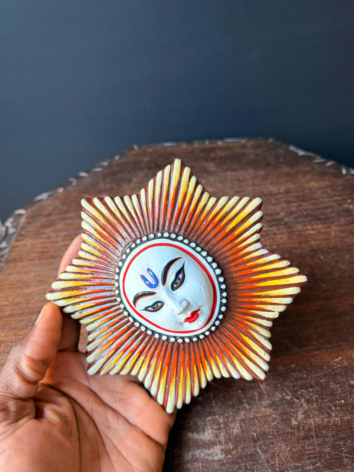 Hand Painted Sunburst Celestial Wall Plaque Folk Art Sun Medallion Accent 6.2"