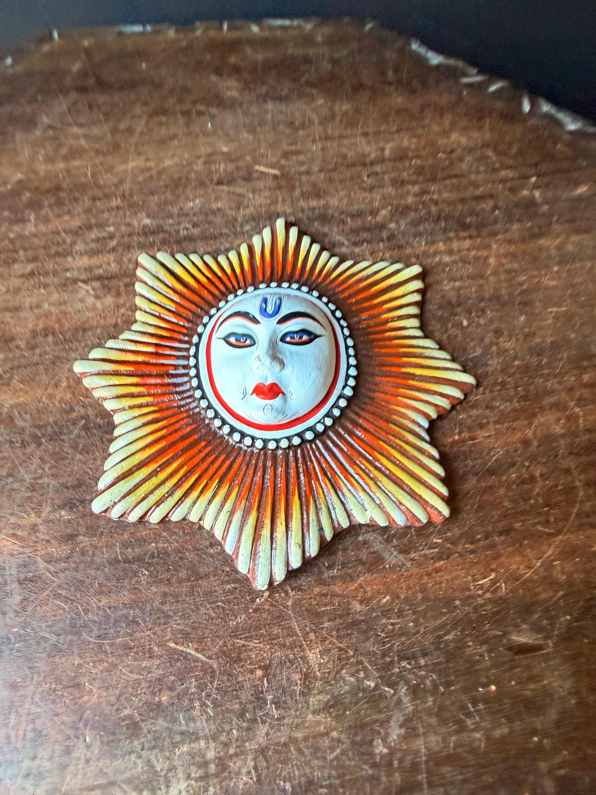 Hand Painted Sunburst Celestial Wall Plaque Folk Art Sun Medallion Accent 6.2"