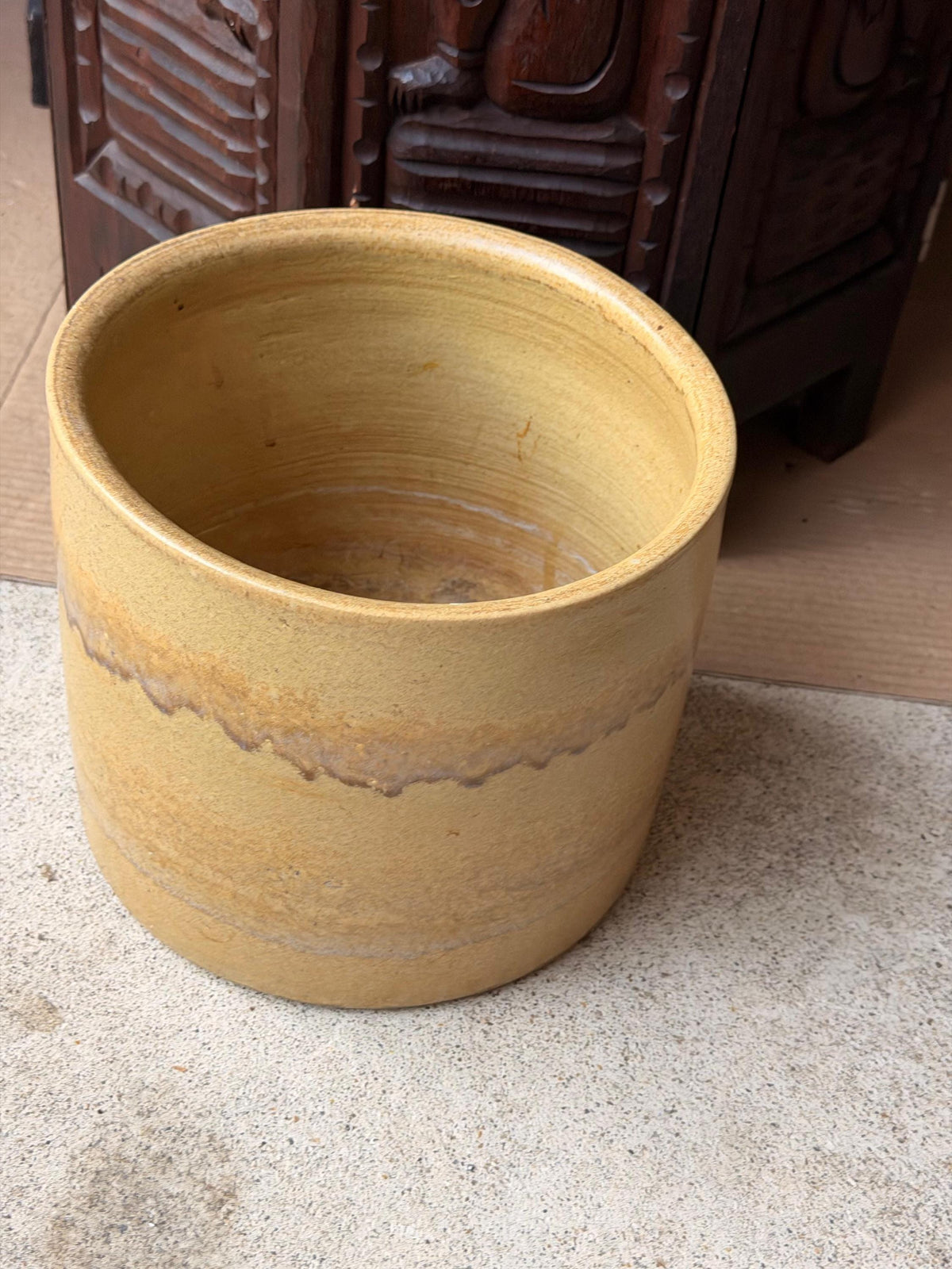 Vintage Studio Pottery Ceramic Crock Planter Yellow Ochre Drip Vessel 8.5"
