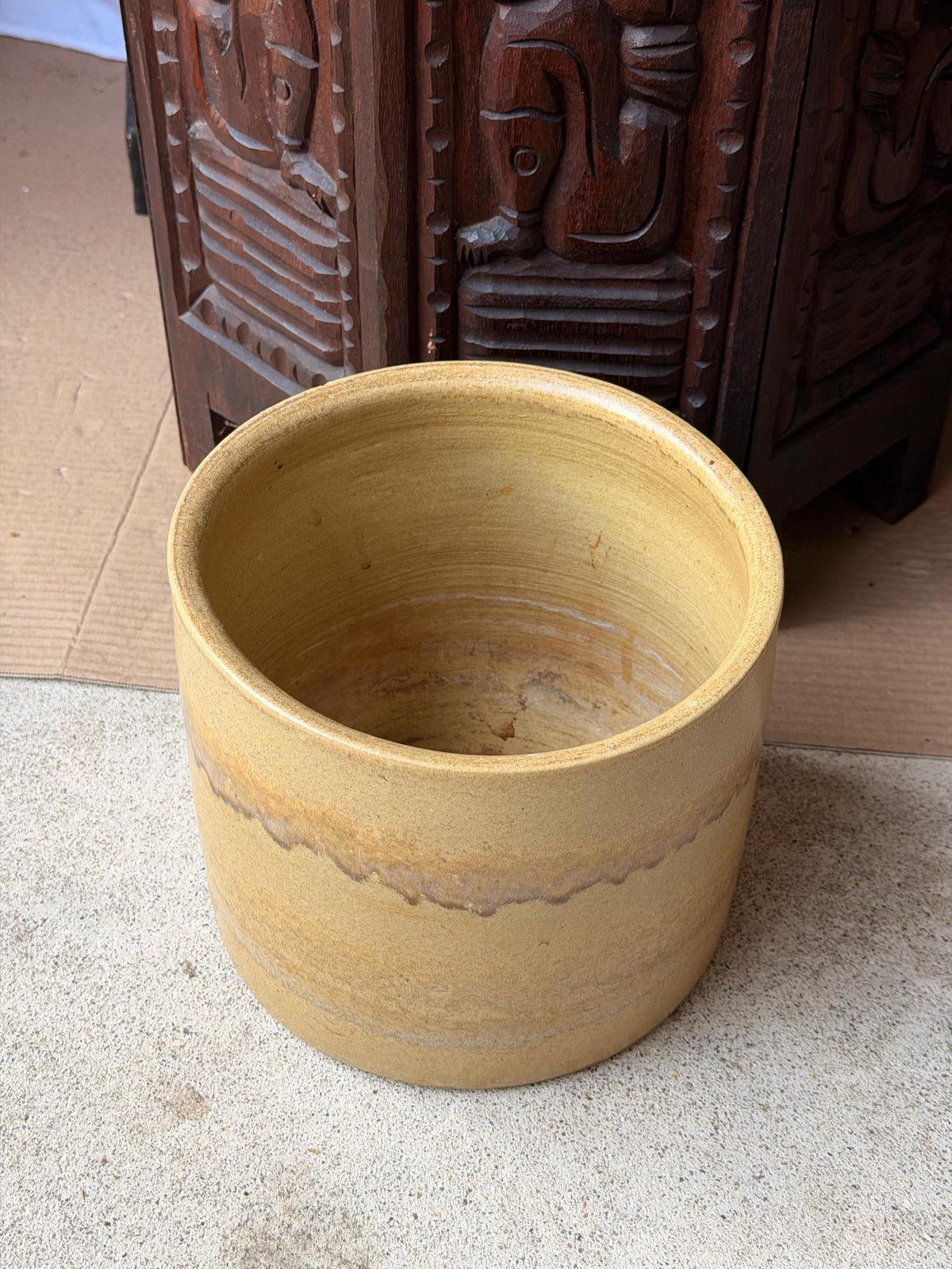 Vintage Studio Pottery Ceramic Crock Planter Yellow Ochre Drip Vessel 8.5"