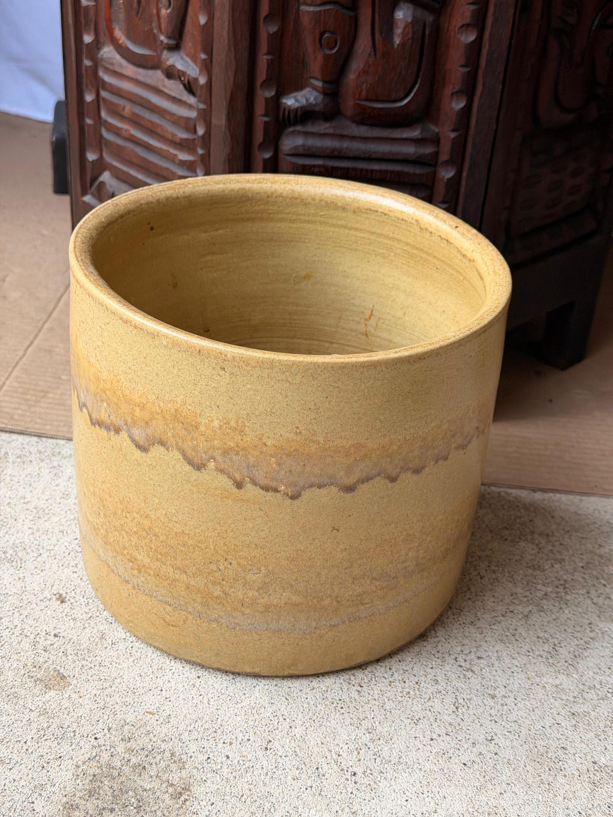 Vintage Studio Pottery Ceramic Crock Planter Yellow Ochre Drip Vessel 8.5"
