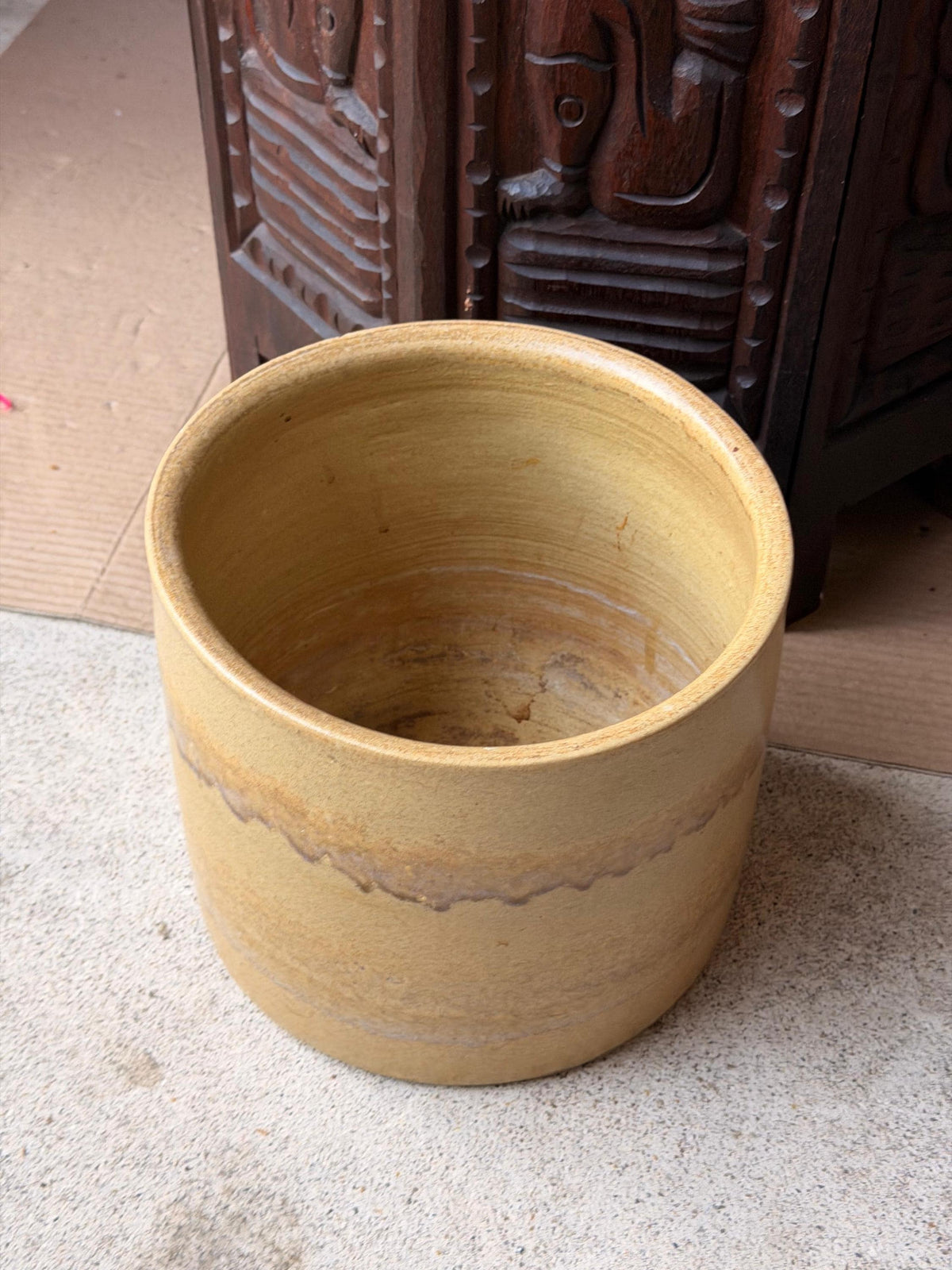 Vintage Studio Pottery Ceramic Crock Planter Yellow Ochre Drip Vessel 8.5"