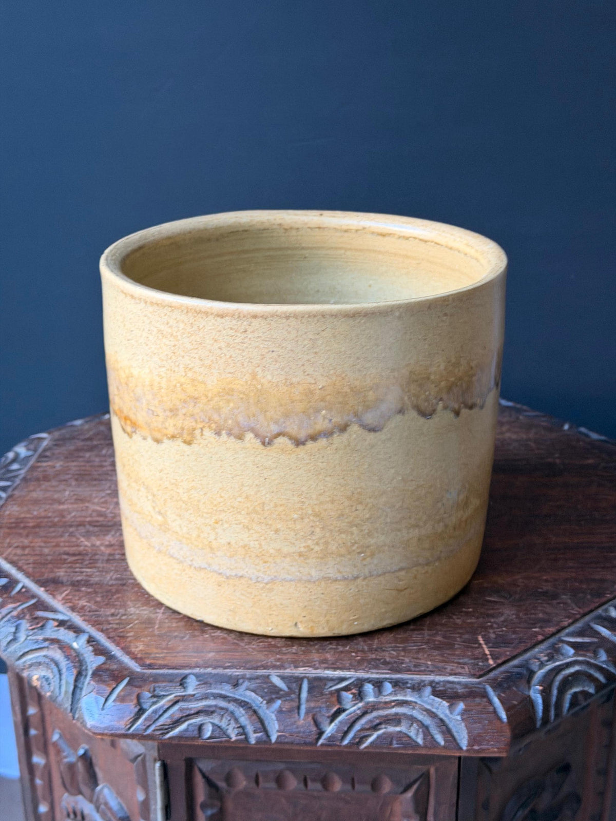 Vintage Studio Pottery Ceramic Crock Planter Yellow Ochre Drip Vessel 8.5"