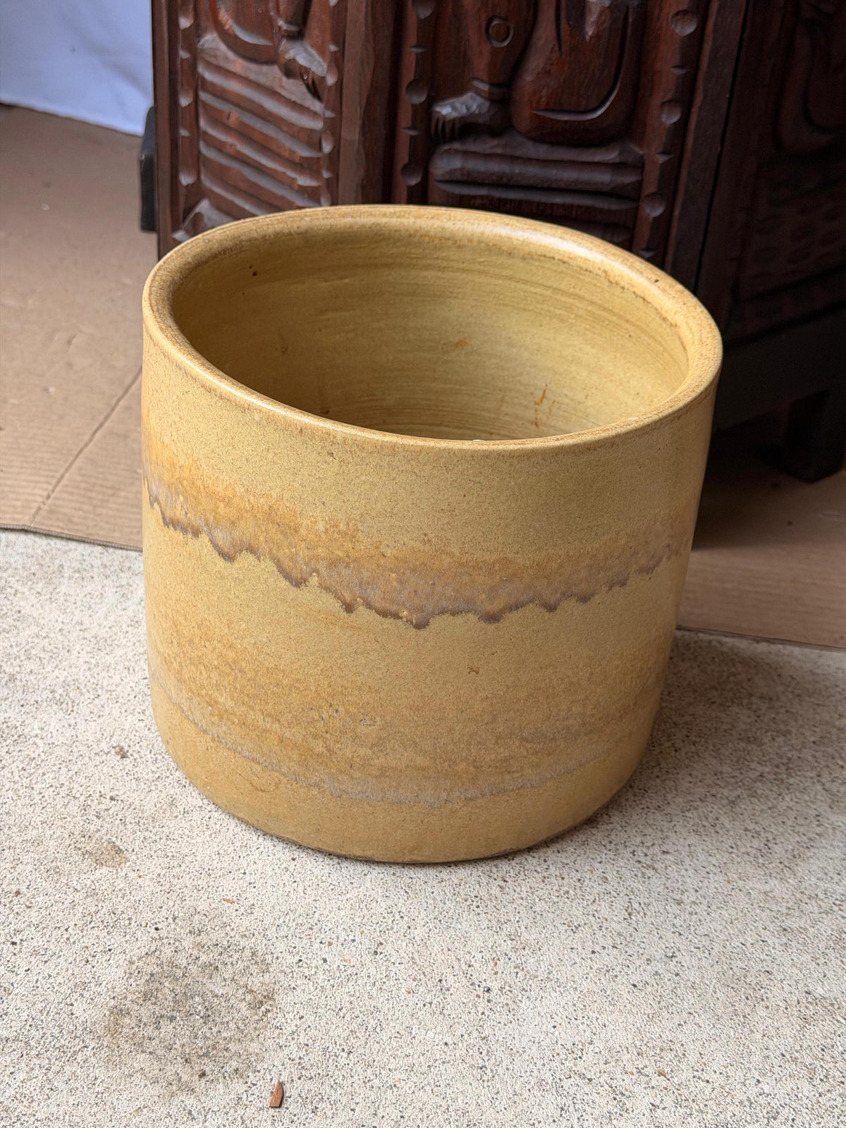 Vintage Studio Pottery Ceramic Crock Planter Yellow Ochre Drip Vessel 8.5"
