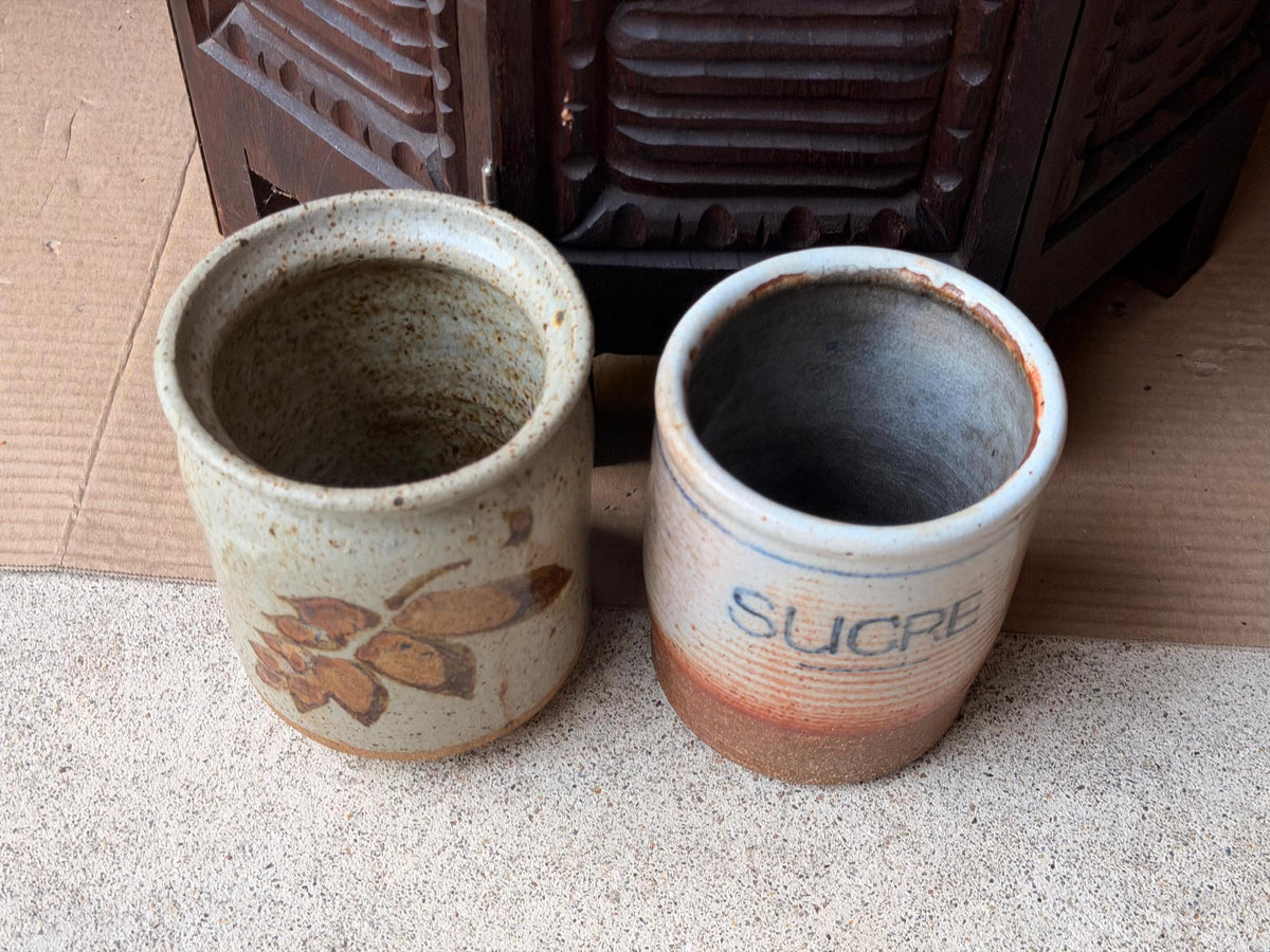 Pair Vintage Studio Pottery Crocks Hand Thrown Sucre Canister Leaf Jar 5.5"