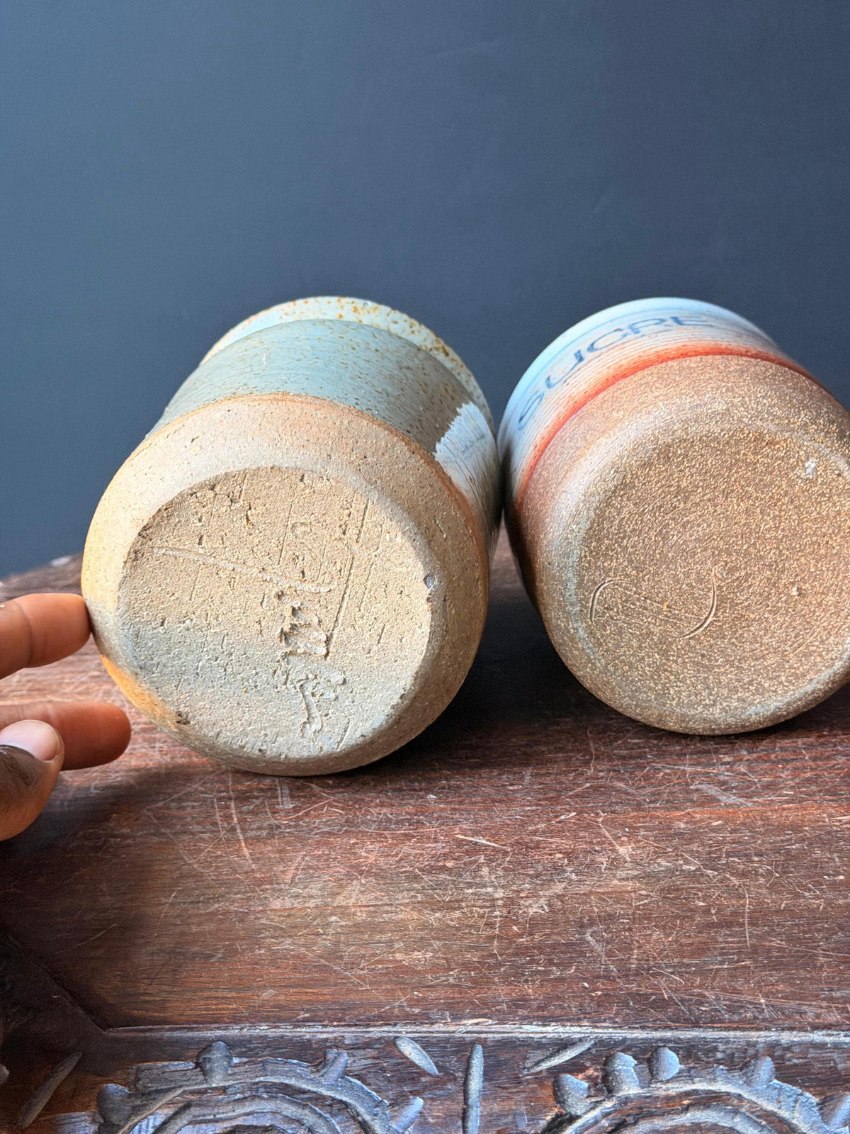 Pair Vintage Studio Pottery Crocks Hand Thrown Sucre Canister Leaf Jar 5.5"