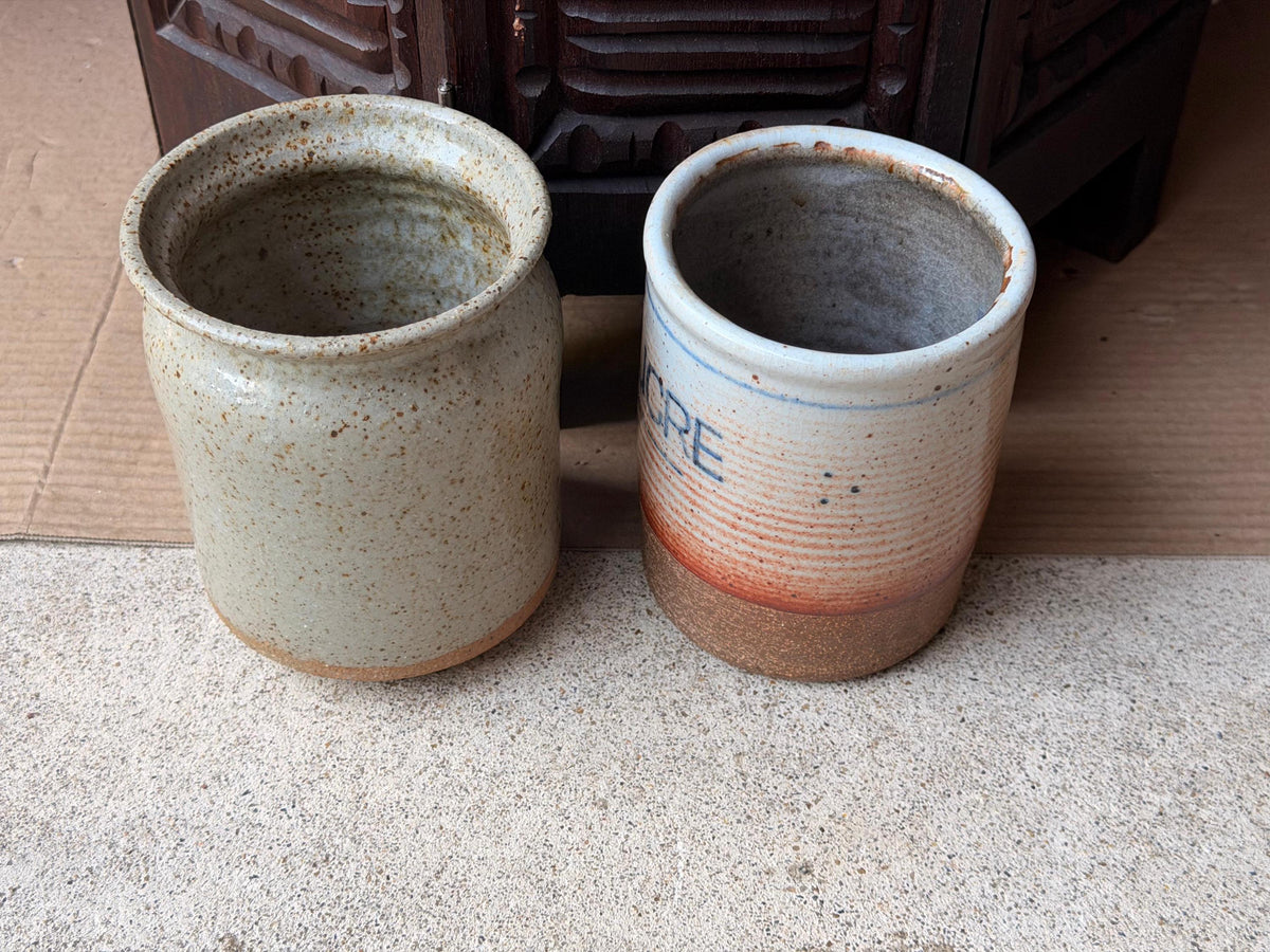 Pair Vintage Studio Pottery Crocks Hand Thrown Sucre Canister Leaf Jar 5.5"