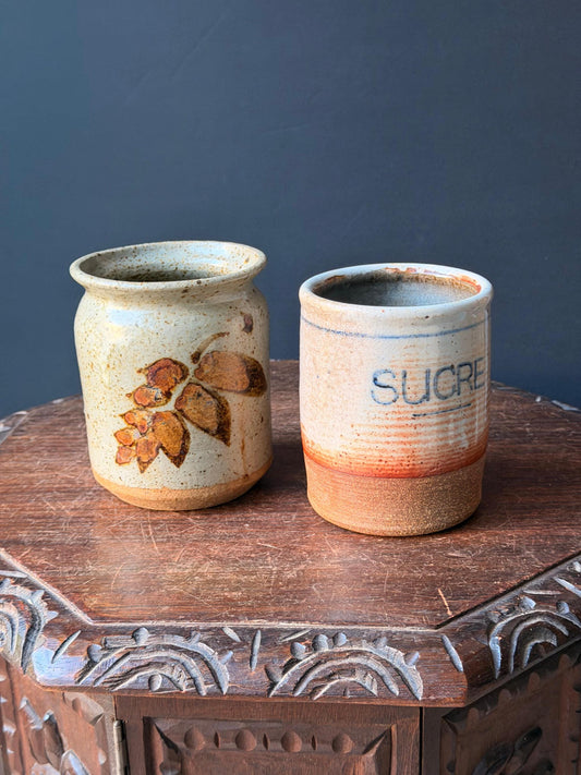 Pair Vintage Studio Pottery Crocks Hand Thrown Sucre Canister Leaf Jar 5.5"