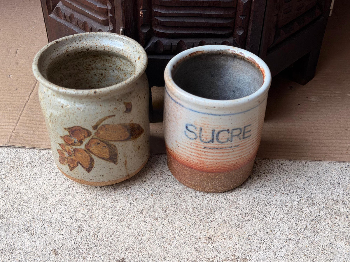 Pair Vintage Studio Pottery Crocks Hand Thrown Sucre Canister Leaf Jar 5.5"