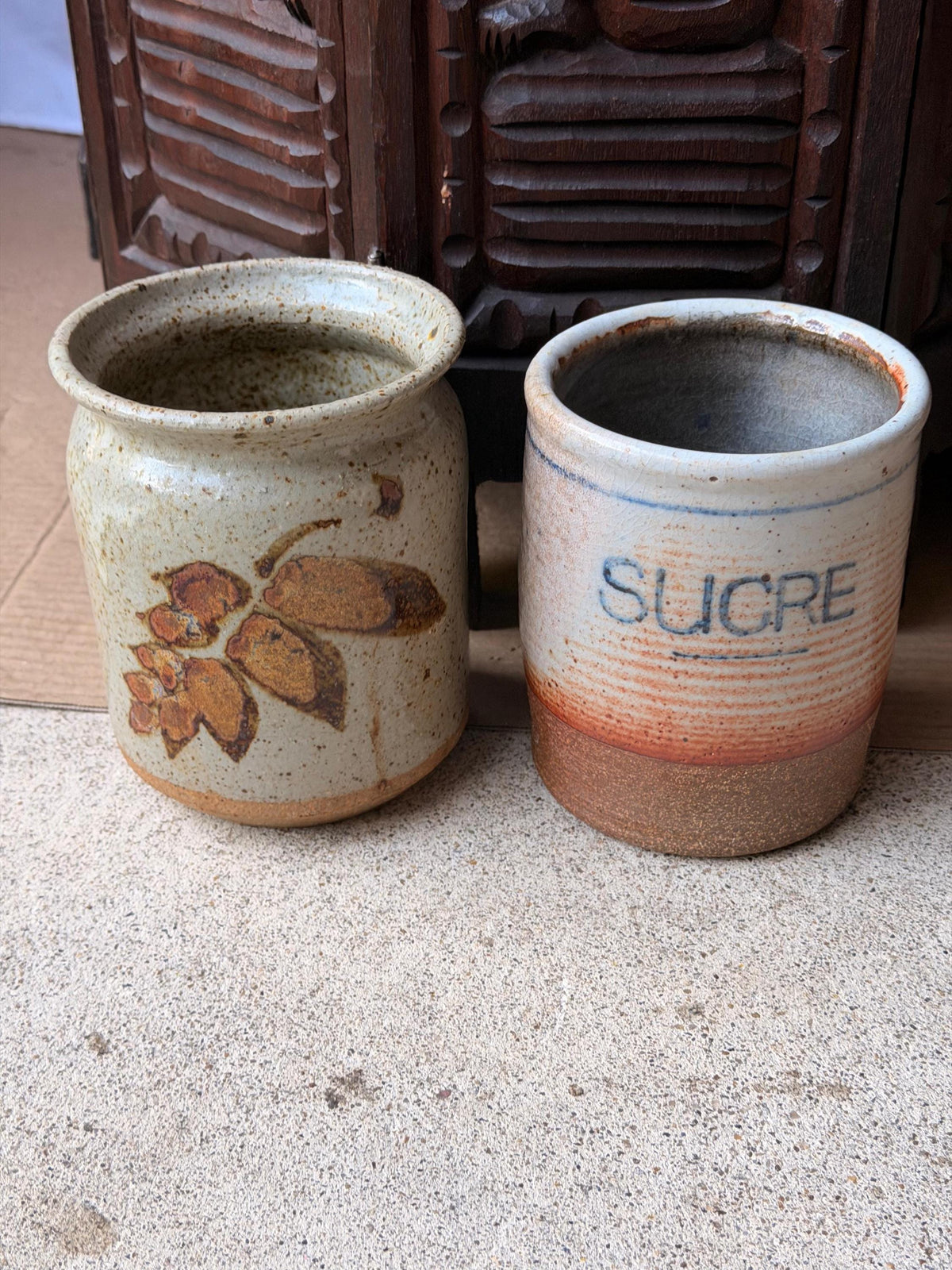 Pair Vintage Studio Pottery Crocks Hand Thrown Sucre Canister Leaf Jar 5.5"