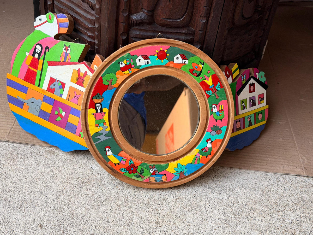 3pc Vintage El Salvador Folk Art Wall Plaques Set La Palma Noah Ark Mirror 8.7"