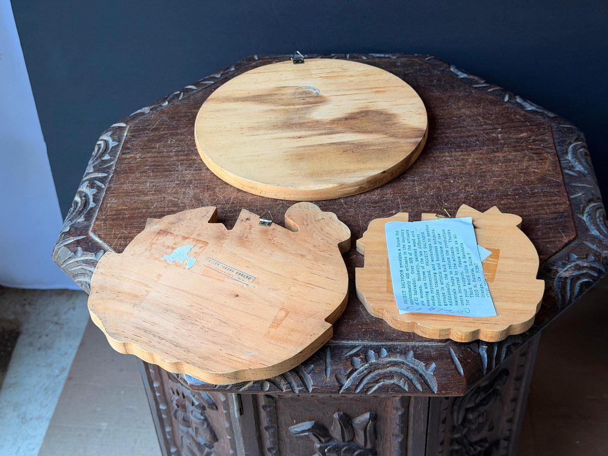 3pc Vintage El Salvador Folk Art Wall Plaques Set La Palma Noah Ark Mirror 8.7"