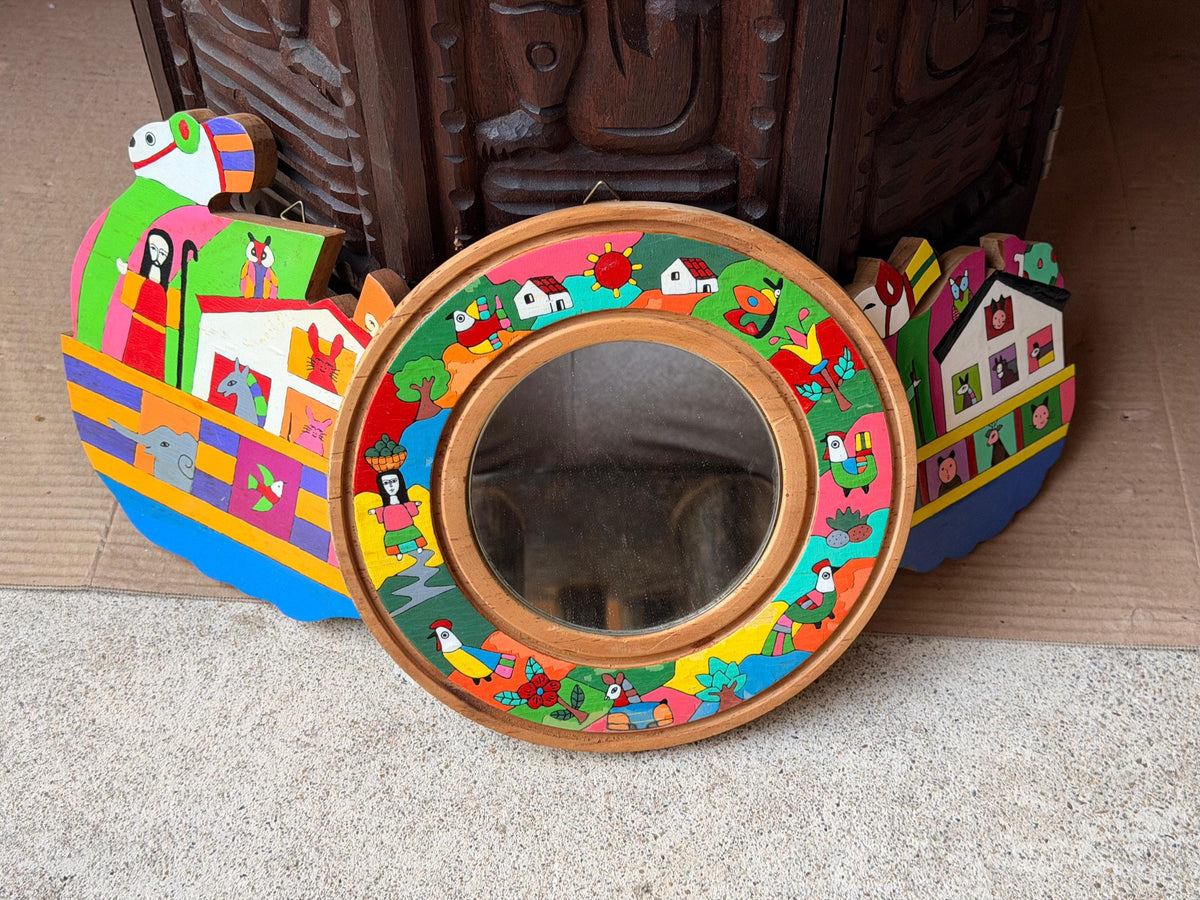 3pc Vintage El Salvador Folk Art Wall Plaques Set La Palma Noah Ark Mirror 8.7"