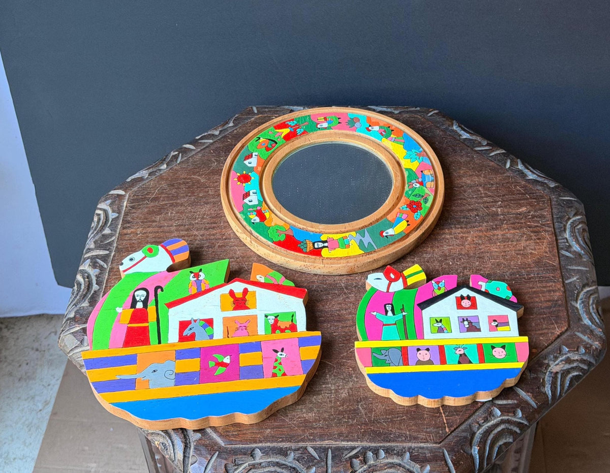 3pc Vintage El Salvador Folk Art Wall Plaques Set La Palma Noah Ark Mirror 8.7"