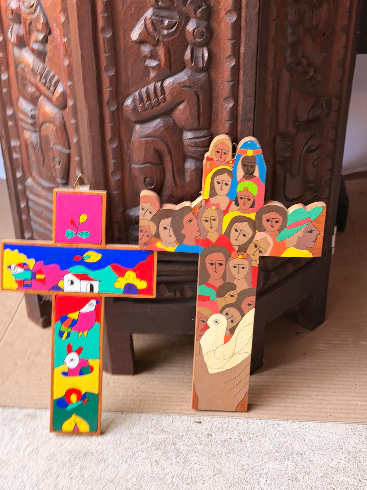 Vintage El Salvador Folk Art Hand Painted Wood Wall Cross Pair Signed Juan