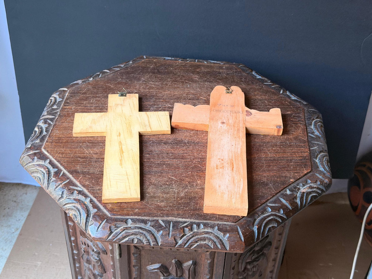 Vintage El Salvador Folk Art Hand Painted Wood Wall Cross Pair Signed Juan