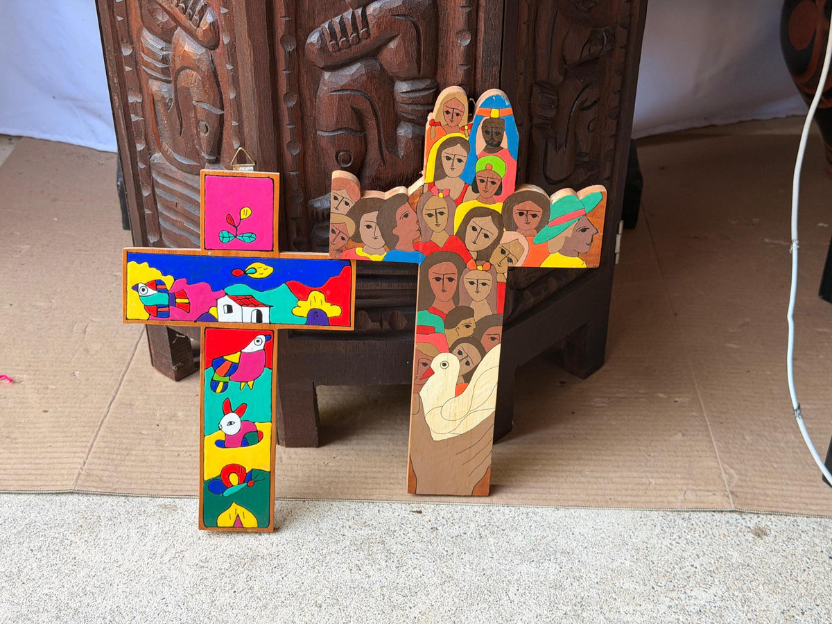 Vintage El Salvador Folk Art Hand Painted Wood Wall Cross Pair Signed Juan