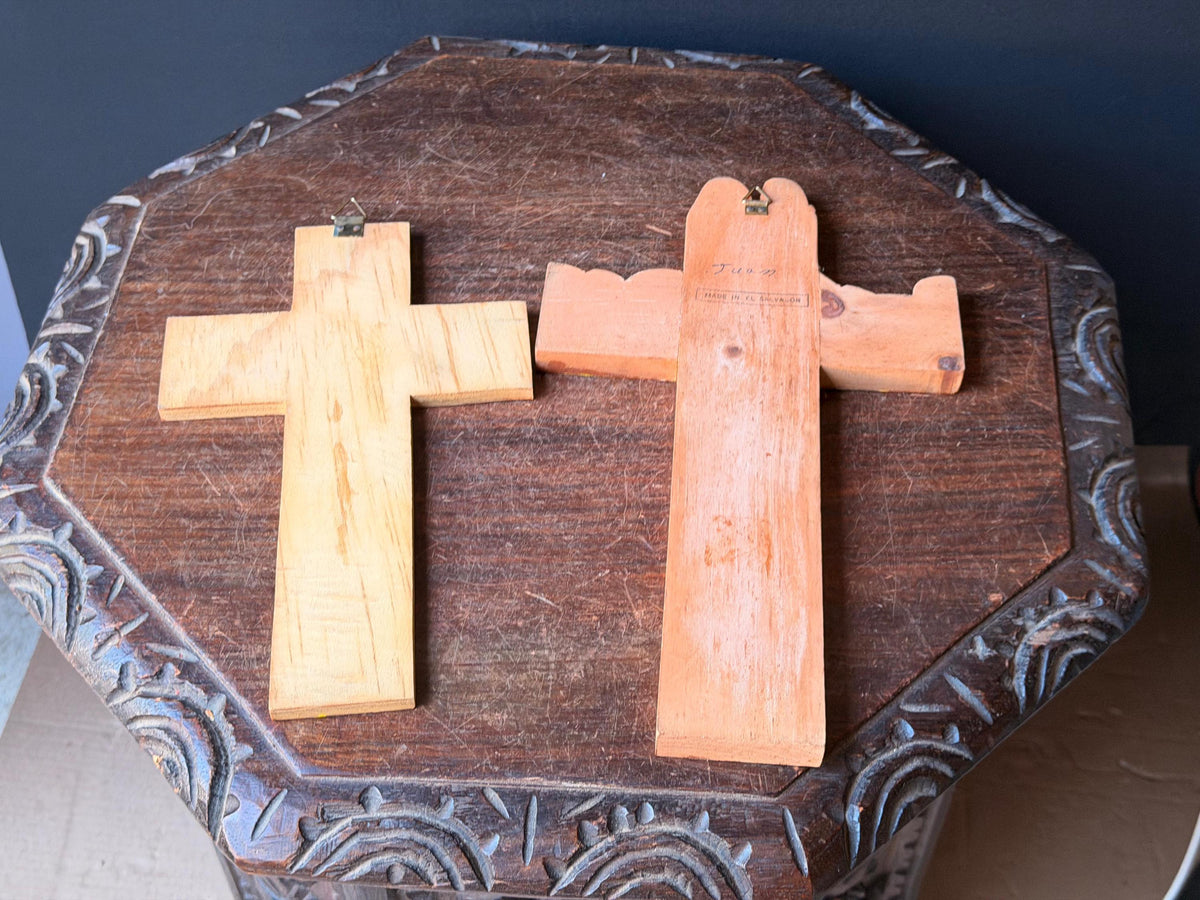 Vintage El Salvador Folk Art Hand Painted Wood Wall Cross Pair Signed Juan