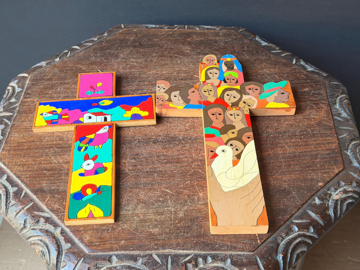 Vintage El Salvador Folk Art Hand Painted Wood Wall Cross Pair Signed Juan