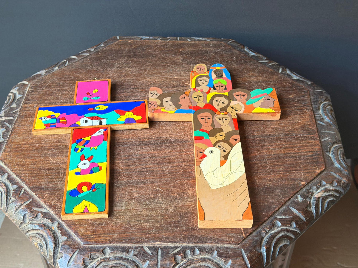 Vintage El Salvador Folk Art Hand Painted Wood Wall Cross Pair Signed Juan