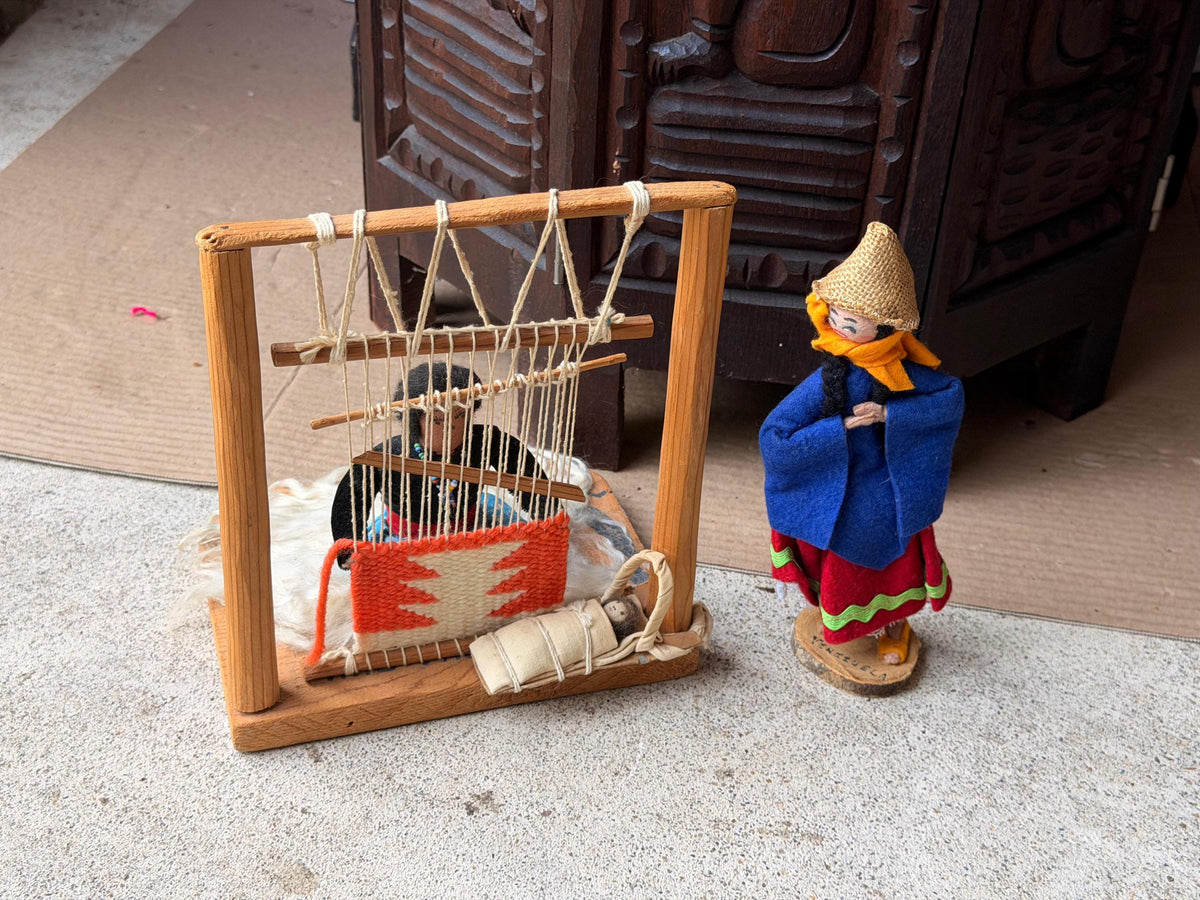 Vintage South American Folk Art Loom Weaving Diorama & Standing Doll Set