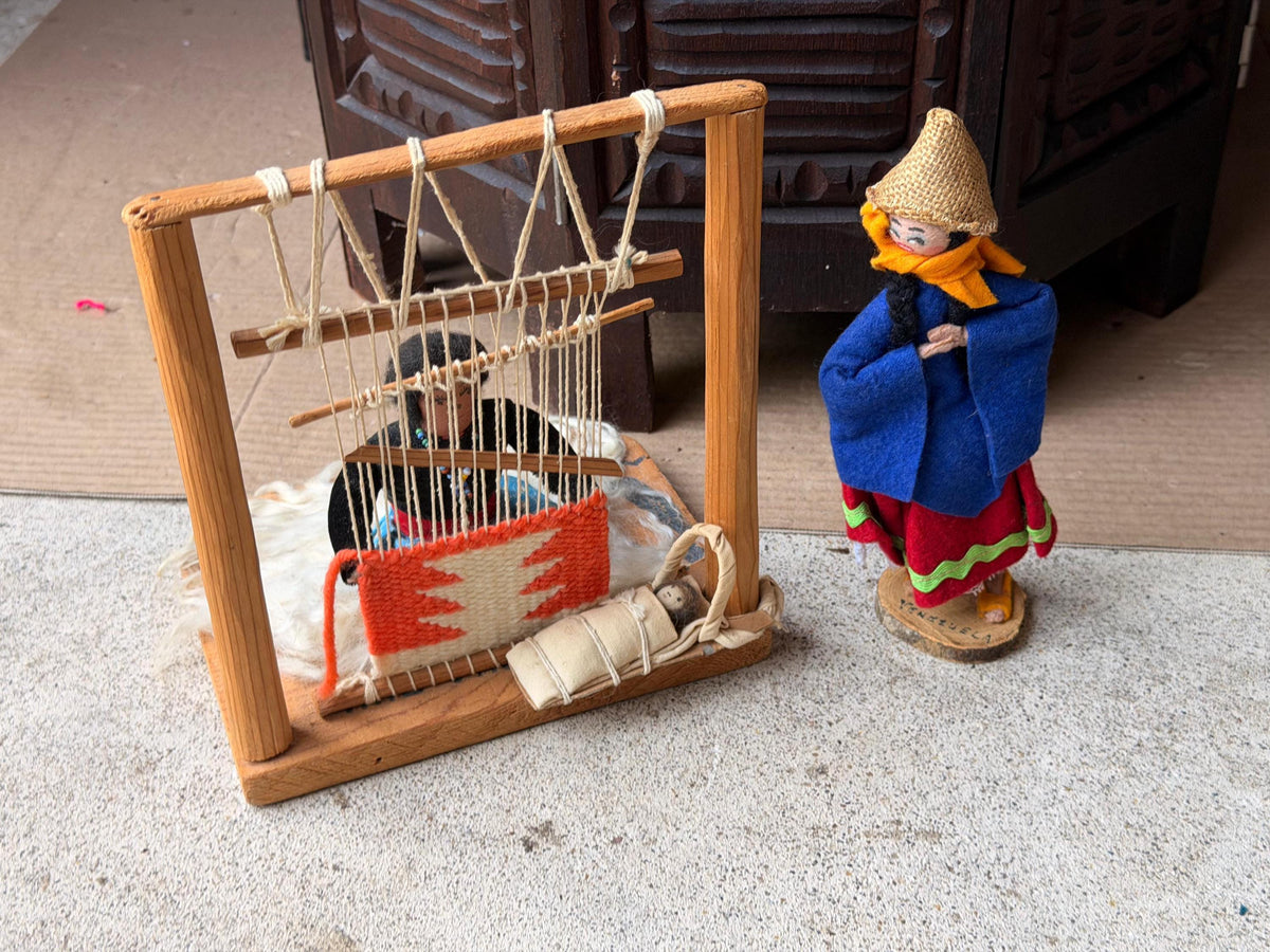 Vintage South American Folk Art Loom Weaving Diorama & Standing Doll Set