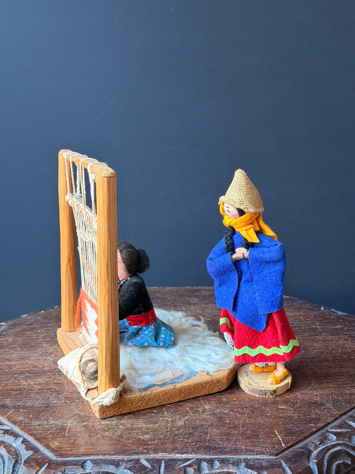 Vintage South American Folk Art Loom Weaving Diorama & Standing Doll Set