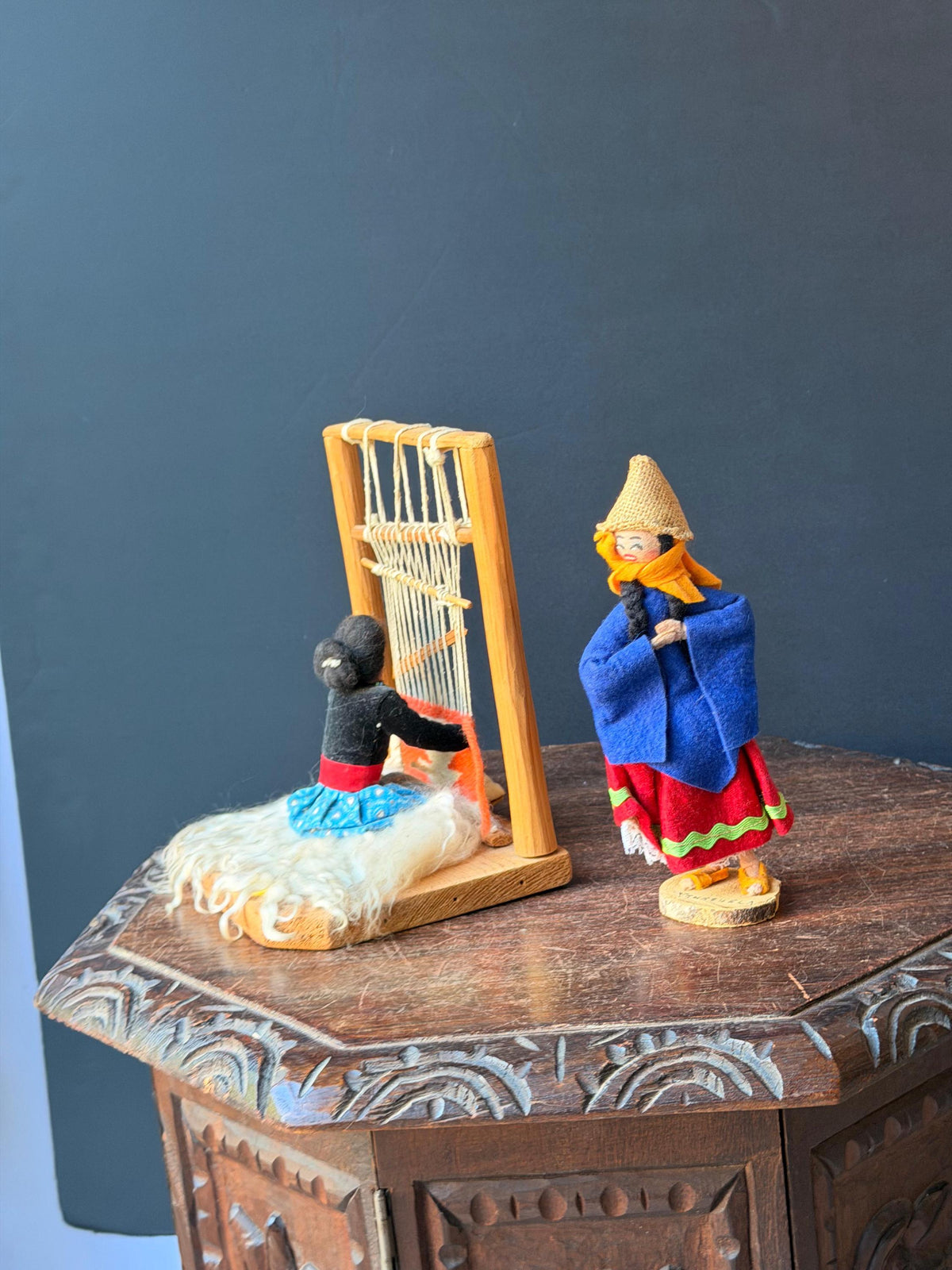 Vintage South American Folk Art Loom Weaving Diorama & Standing Doll Set