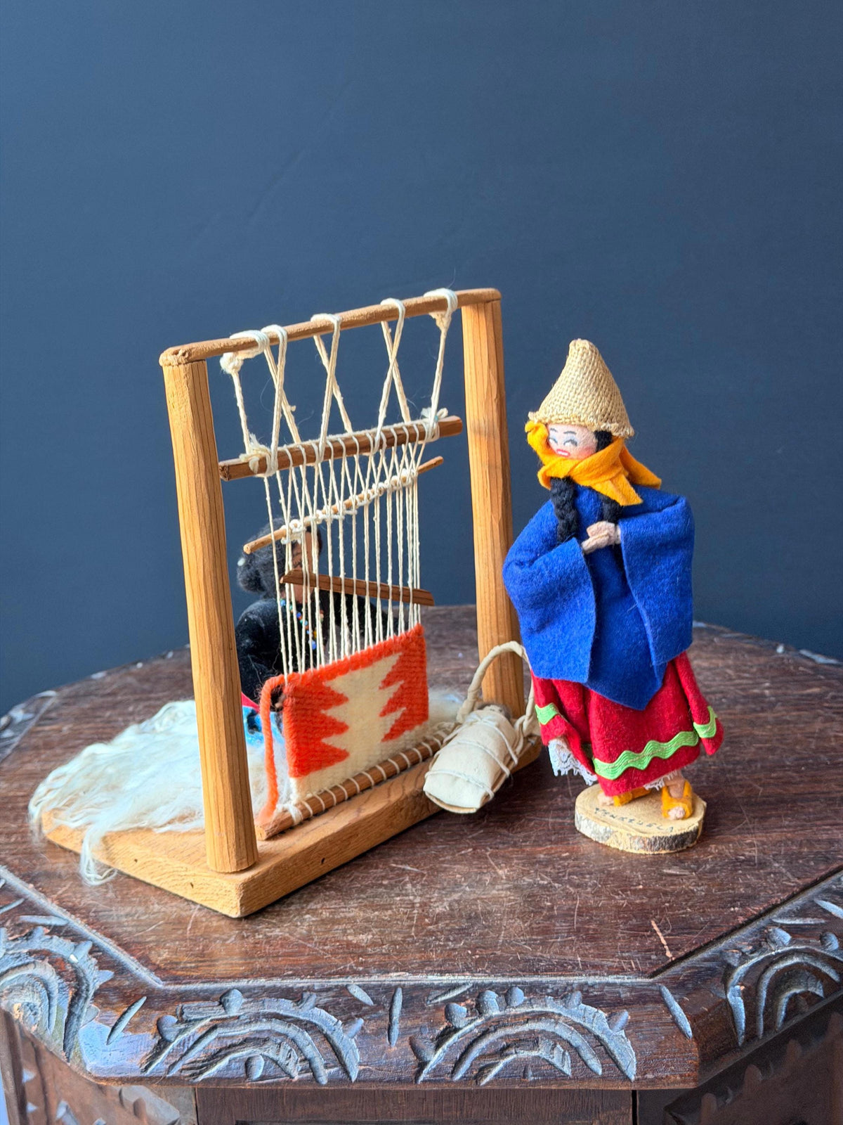 Vintage South American Folk Art Loom Weaving Diorama & Standing Doll Set