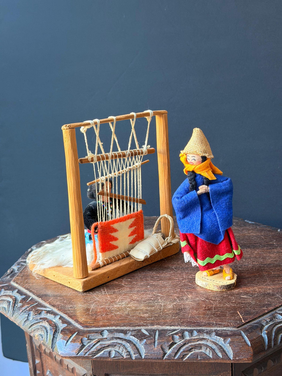 Vintage South American Folk Art Loom Weaving Diorama & Standing Doll Set