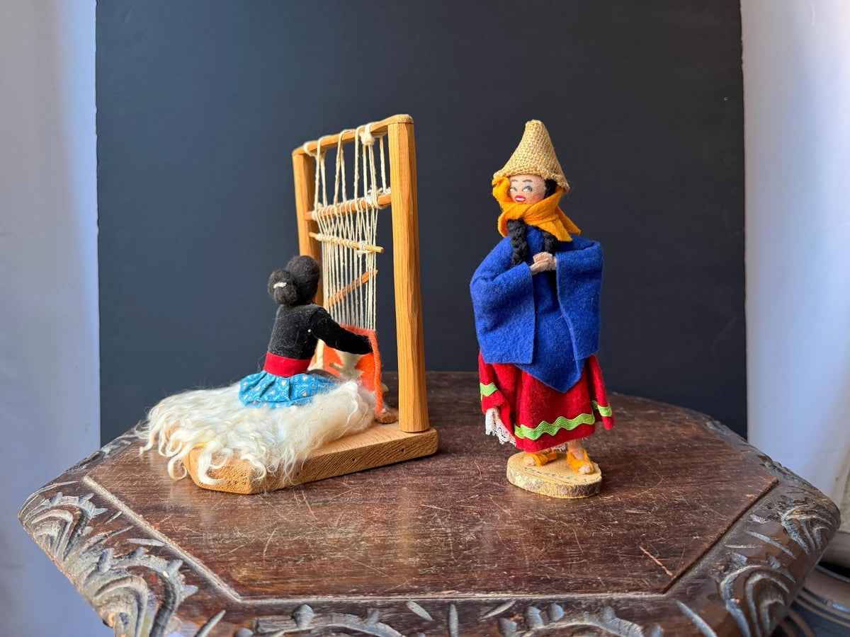 Vintage South American Folk Art Loom Weaving Diorama & Standing Doll Set