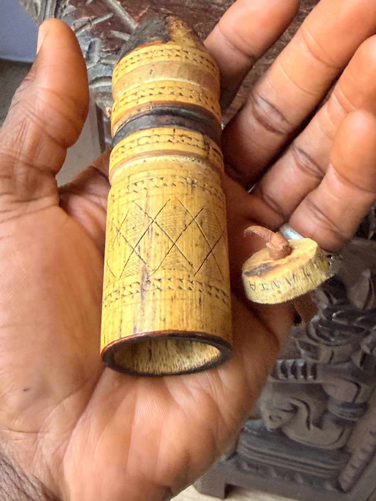 Vintage Mauritania Hand Carved Wood Container Saharan Tribal Vessel Case 4.7"