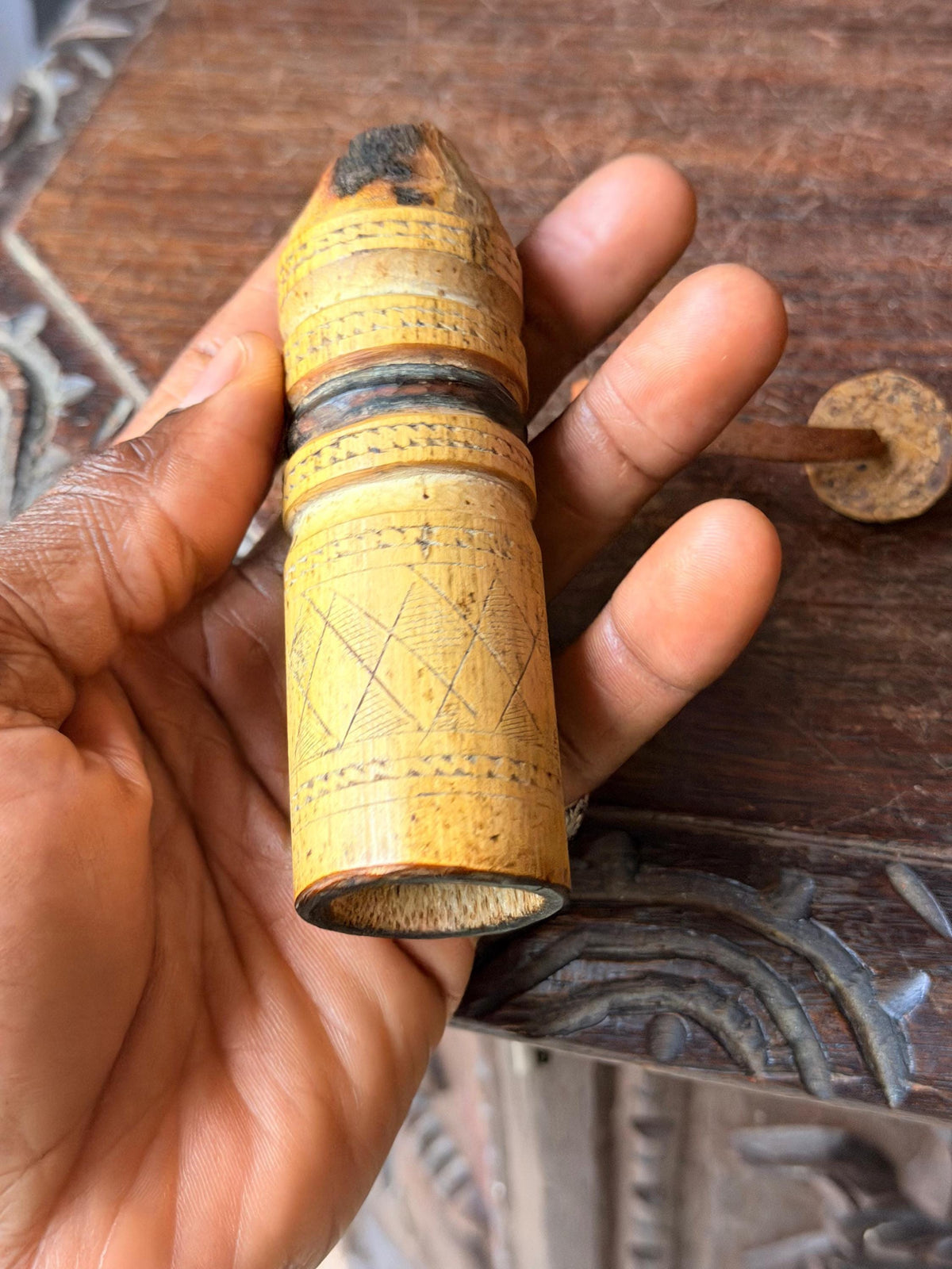 Vintage Mauritania Hand Carved Wood Container Saharan Tribal Vessel Case 4.7"