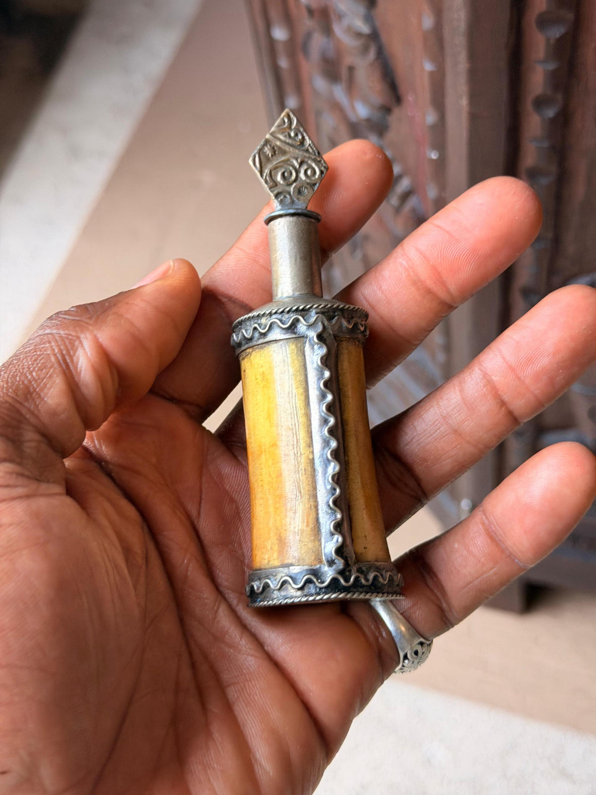 Vintage Berber Kohl Bottle Hand Carved Scent Perfume Flask Metal Wand 4.5"
