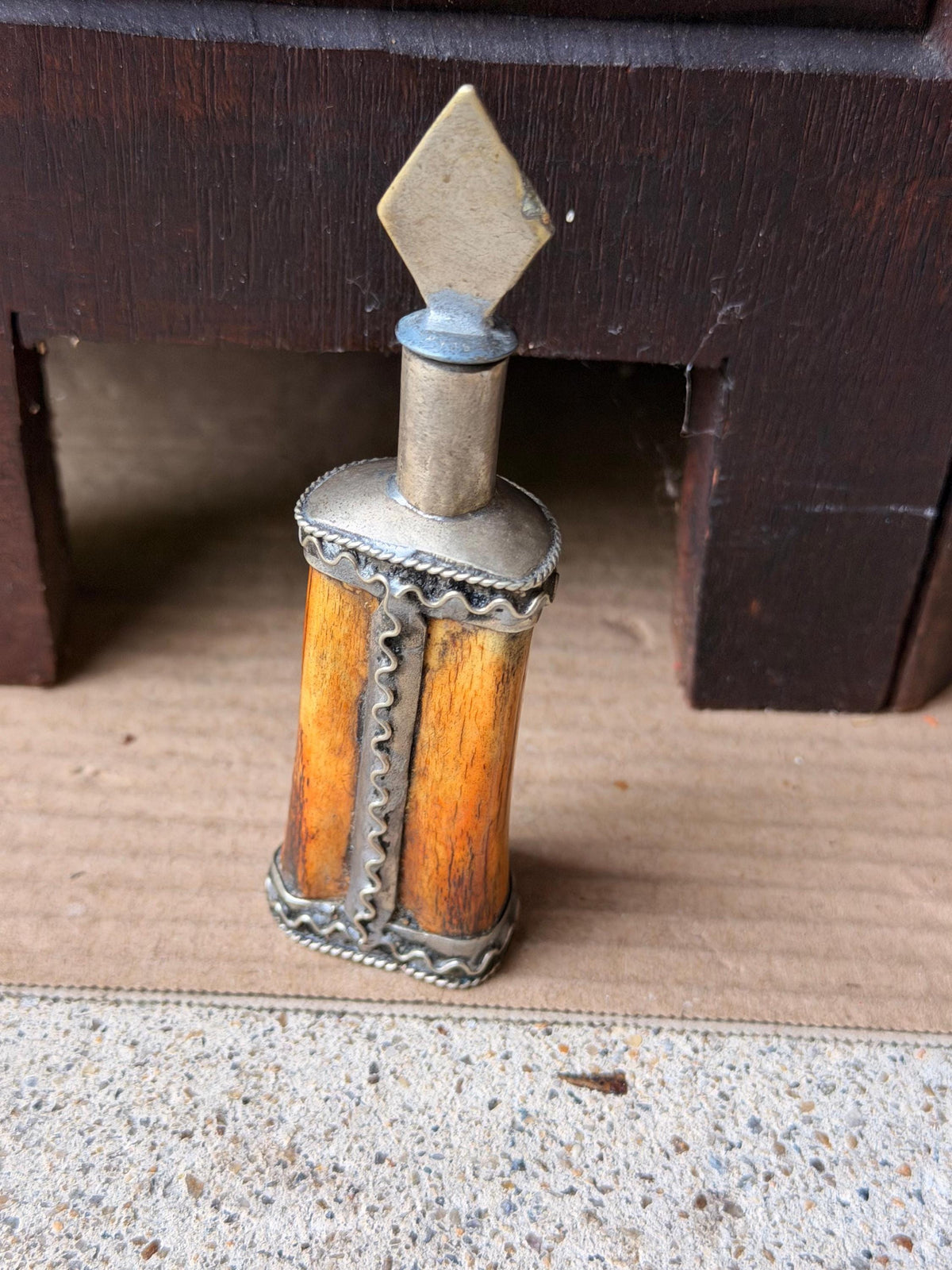 Vintage Berber Kohl Bottle Hand Carved Scent Perfume Flask Metal Wand 4.5"
