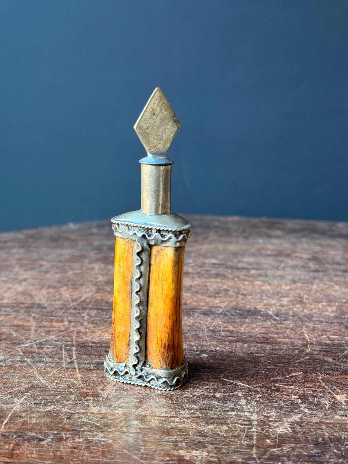 Vintage Berber Kohl Bottle Hand Carved Scent Perfume Flask Metal Wand 4.5"