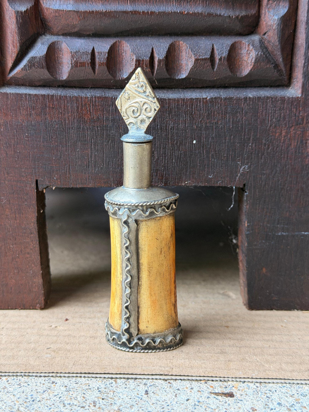 Vintage Berber Kohl Bottle Hand Carved Scent Perfume Flask Metal Wand 4.5"