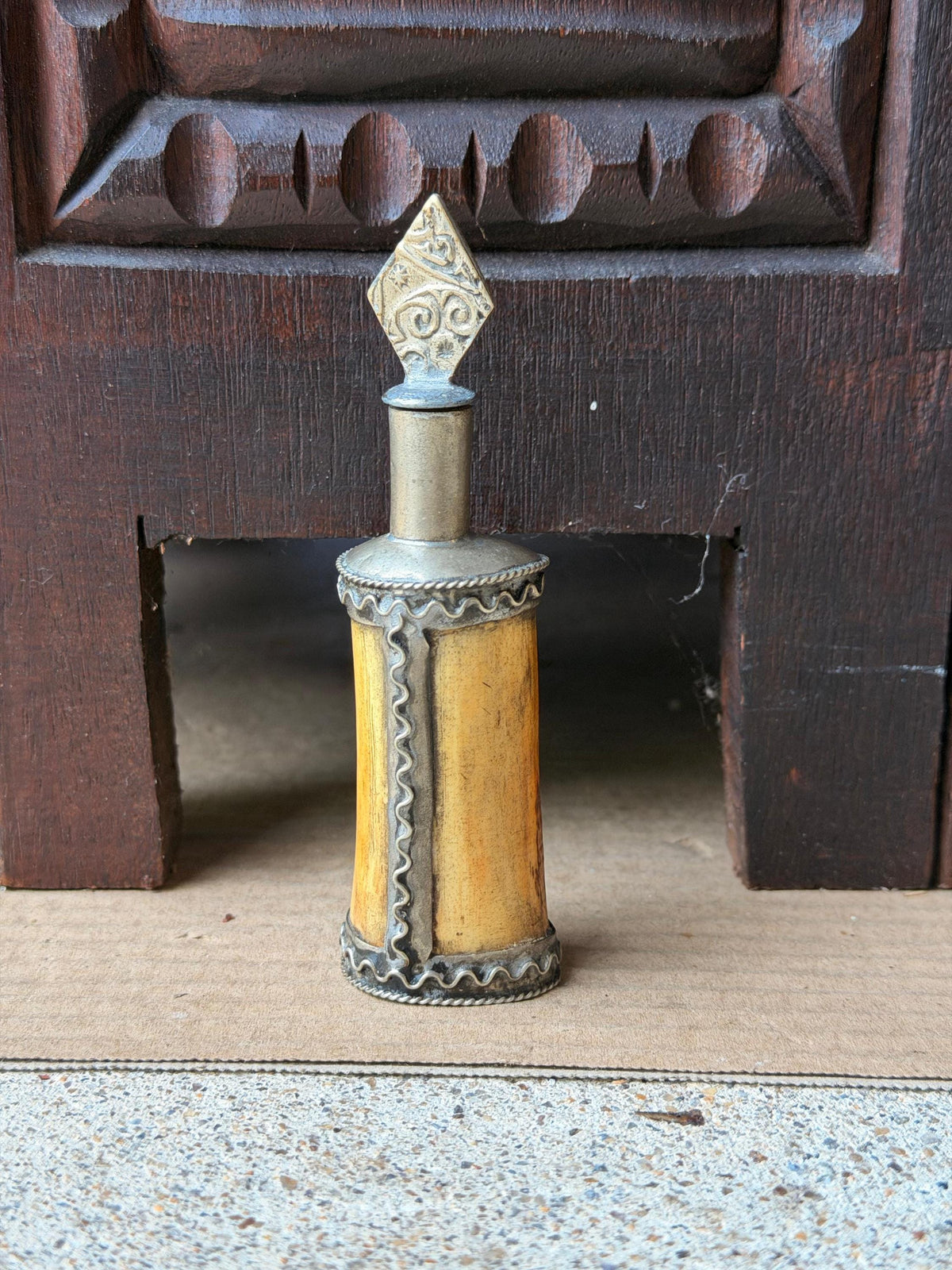 Vintage Berber Kohl Bottle Hand Carved Scent Perfume Flask Metal Wand 4.5"