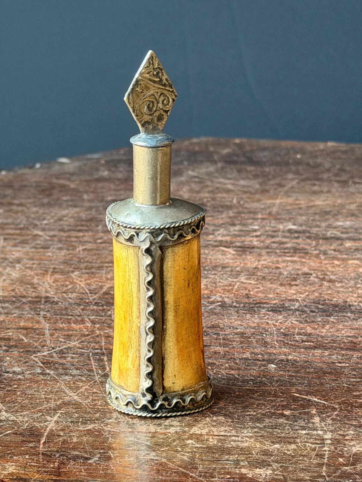 Vintage Berber Kohl Bottle Hand Carved Scent Perfume Flask Metal Wand 4.5"