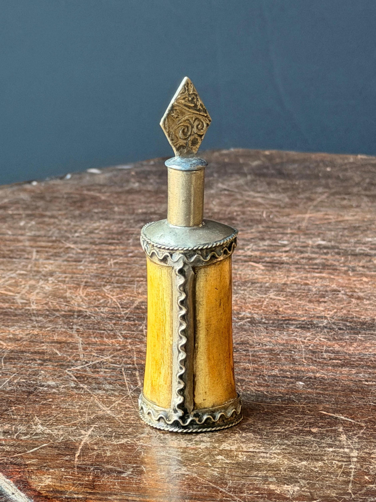 Vintage Berber Kohl Bottle Hand Carved Scent Perfume Flask Metal Wand 4.5"