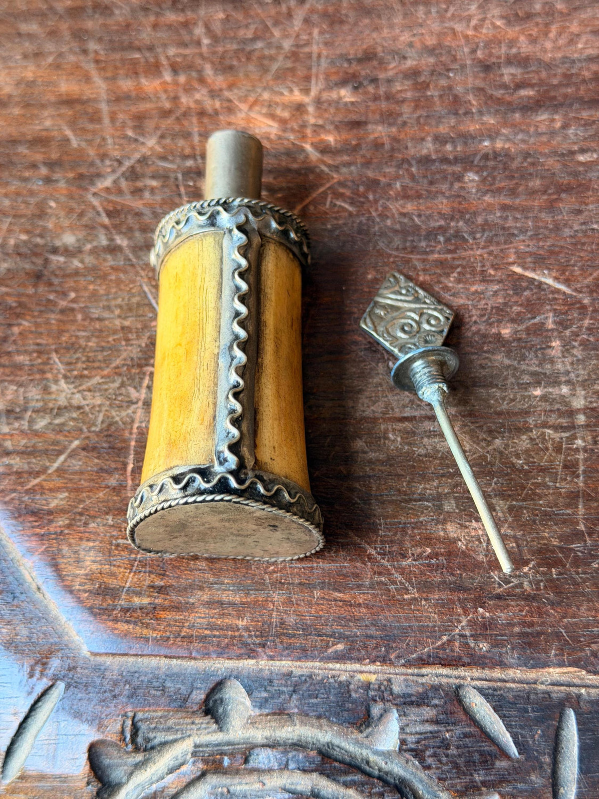 Vintage Berber Kohl Bottle Hand Carved Scent Perfume Flask Metal Wand 4.5"