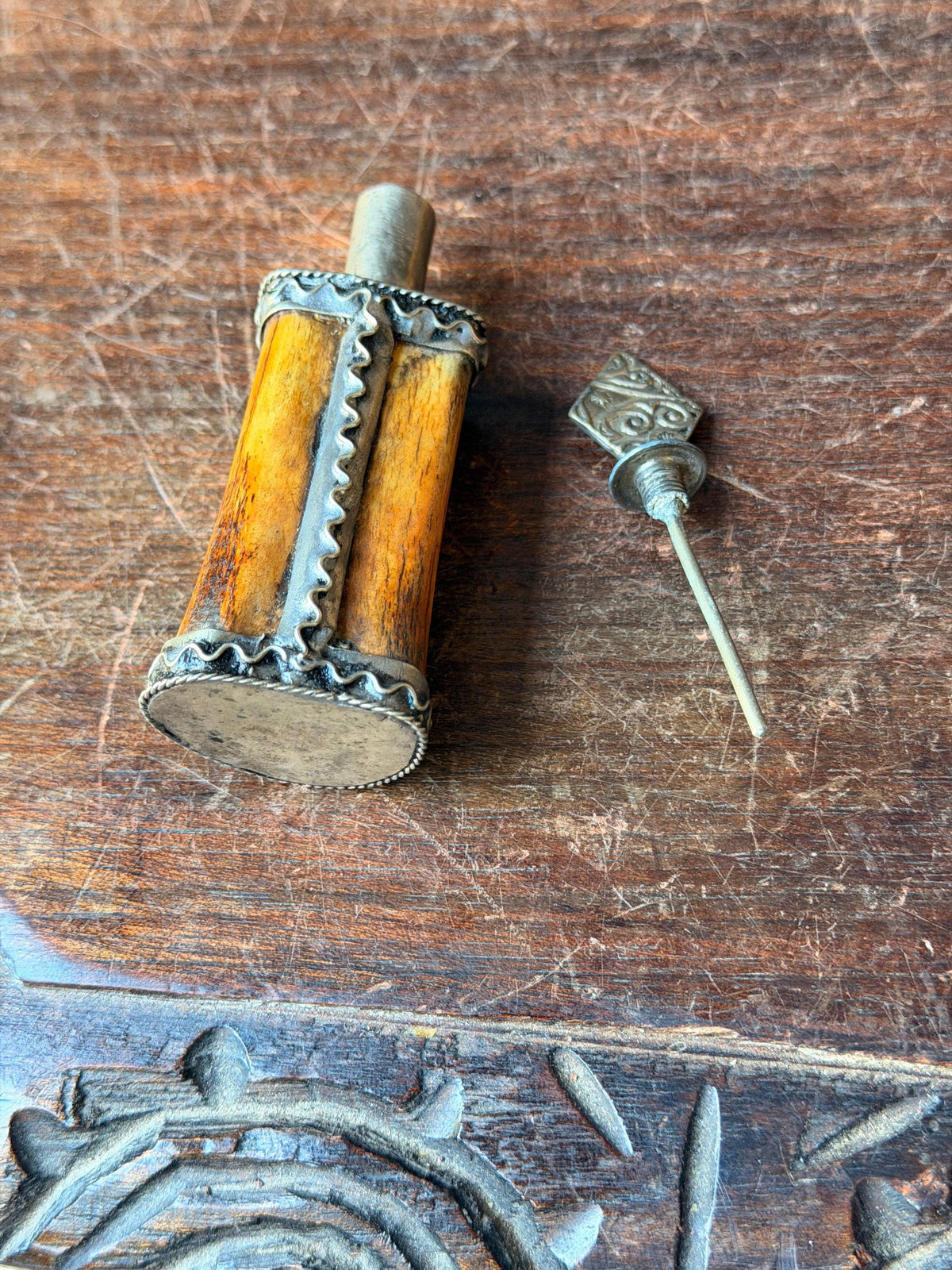 Vintage Berber Kohl Bottle Hand Carved Scent Perfume Flask Metal Wand 4.5"
