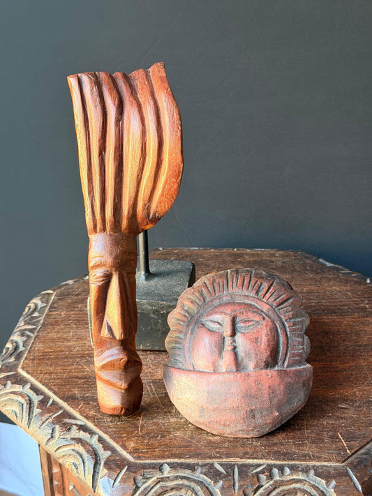 Vintage Carved Wood Tribal Mask Celestial Sun Wall Plaque Folk Art Set 12.5"