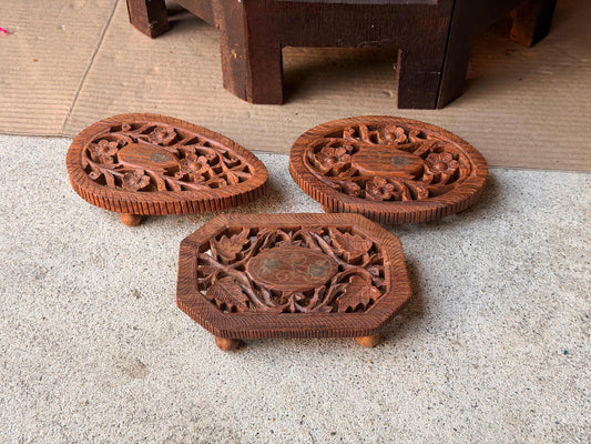 Vintage Carved Wood Footed Trivets Brass Inlay Plant Risers Set 3 Indian 6"